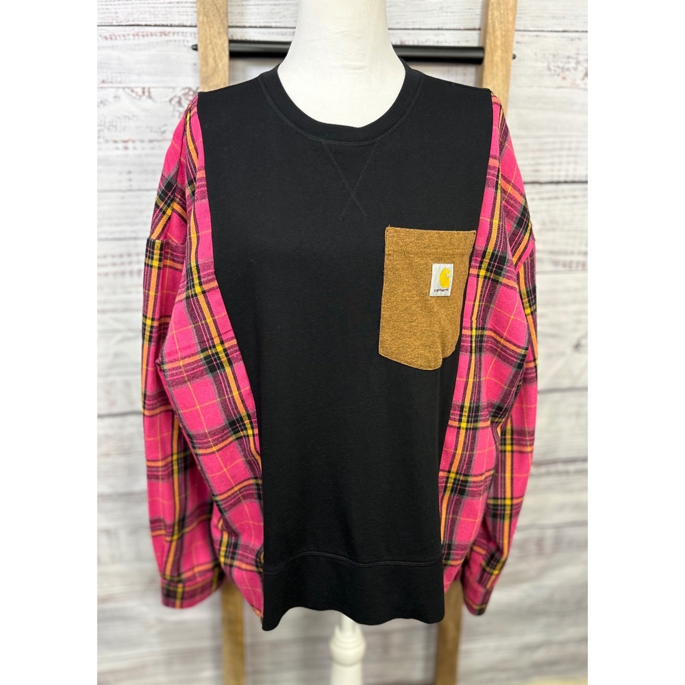 Upcycled Pink Plaid Flannel Sleeve Sweatshirt Oversized Pocket Top Fits up to XL - Picture 5 of 10
